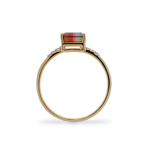 
                  
                    Load image into Gallery viewer, Side view of a rectangular cut watermelon tourmaline and diamond ring cast in 14 kt yellow gold.
                  
                