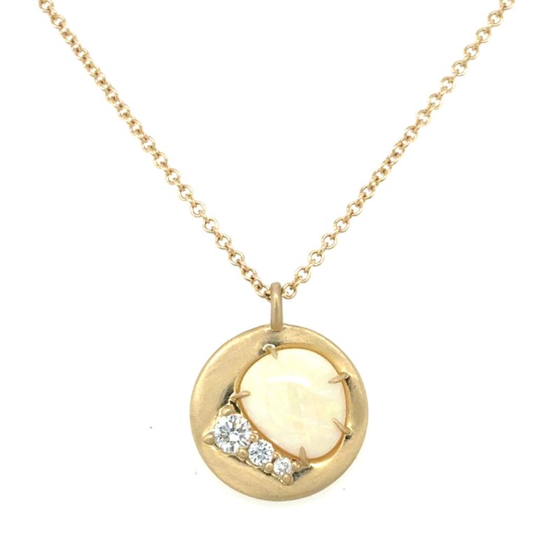 A front view of a yellow gold pendant with an opal and three round diamonds shown on a white background.