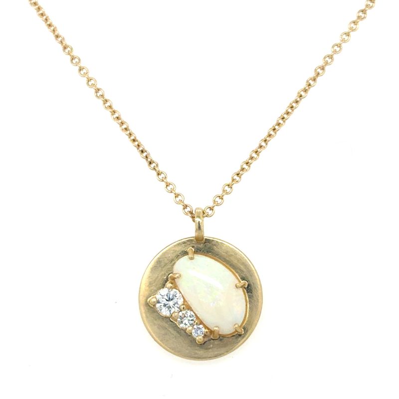 A front view of a yellow gold pendant with an opal and three round diamonds shown on a white background.