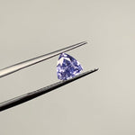 View of 1.02 ct. rounded trillion blue-violet sapphire in tweezers.