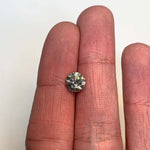 Front view of a 1.25 ct. round salt and pepper diamond in ladies hand for scale.