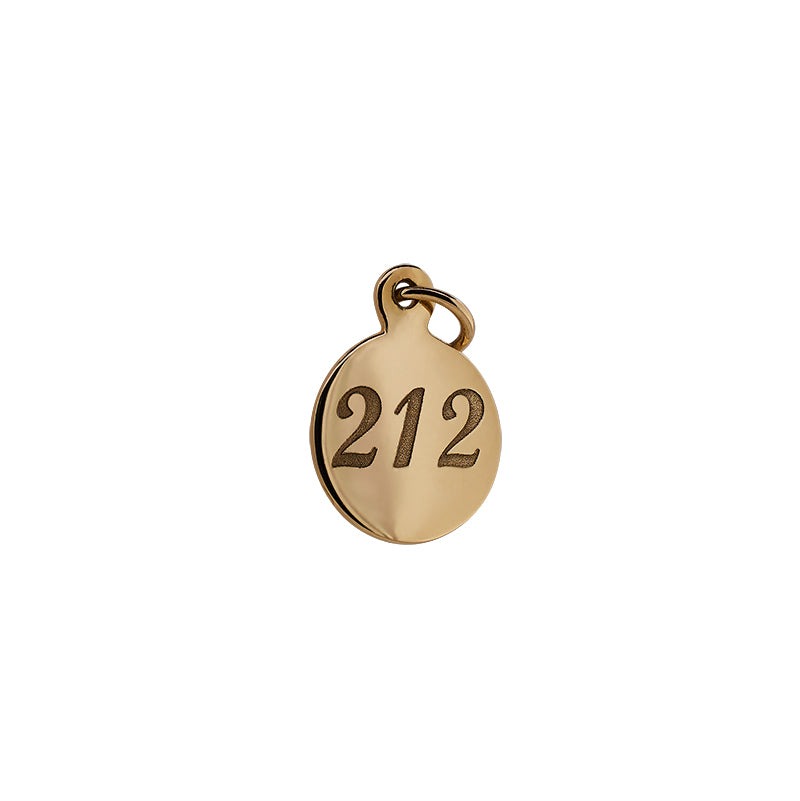 
                  
                    Load image into Gallery viewer, Front view of engraved area code pendant with &amp;quot;212&amp;quot;. Pendant is 14kt yellow gold and 9.3mm.
                  
                