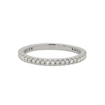 Front view of a 3/4 diamond eternity band set with round cut diamonds in a 14 kt white gold setting.