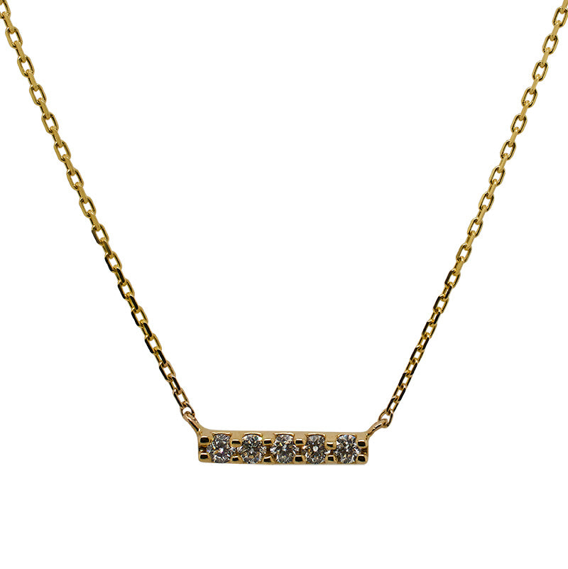 Front view of a solid 14 kt yellow gold bar necklace with 5 round cut diamonds.