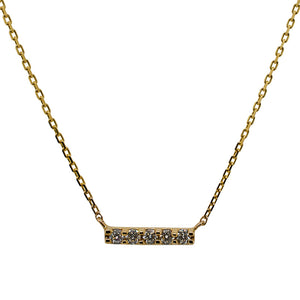 
                  
                    Load image into Gallery viewer, Front view of a solid 14 kt yellow gold bar necklace with 5 round cut diamonds.
                  
                