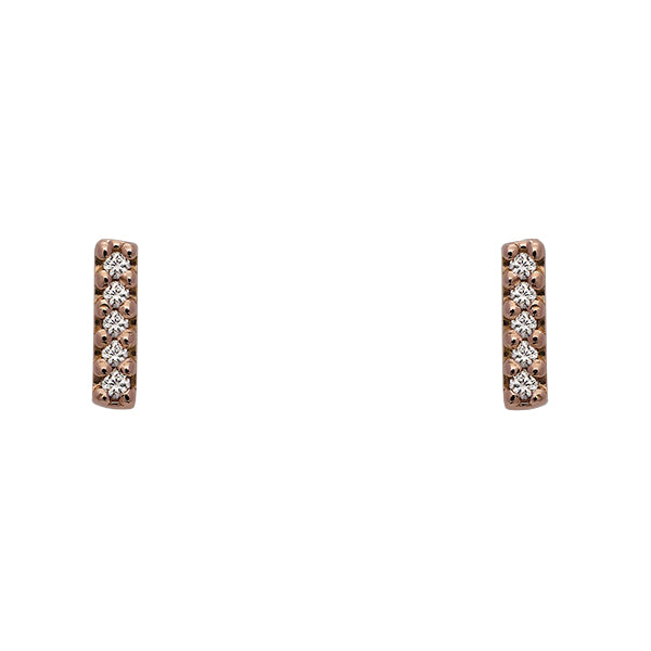
                  
                    Load image into Gallery viewer, Front view of solid, 14 kt rose gold, bar shaped stud earrings with 5 round diamonds in each stud. Side view of 14 kt white gold huggies studded with pave diamonds. Displayed on white background.
                  
                