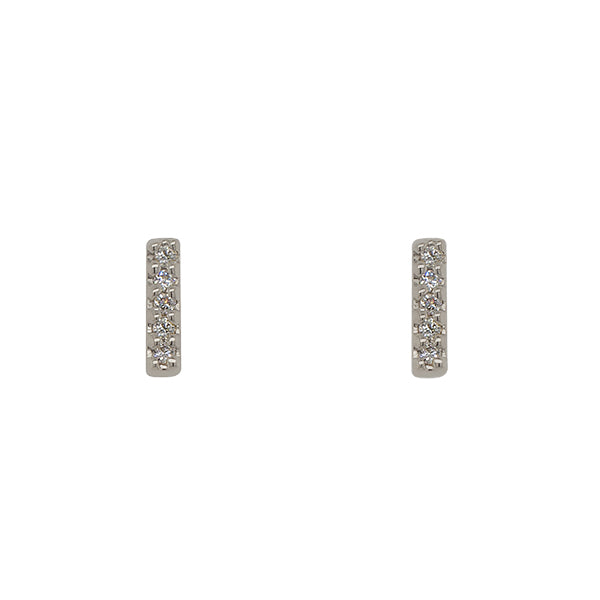 
                  
                    Load image into Gallery viewer, Front view of solid, 14 kt white gold, bar shaped stud earrings with 5 round diamonds in each stud.
                  
                
