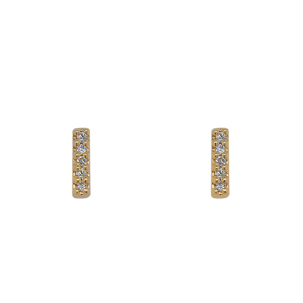Front view of solid, 14 kt yellow gold, bar shaped stud earrings with 5 round diamonds in each stud. Side view of 14 kt white gold huggies studded with pave diamonds. Displayed on white background.