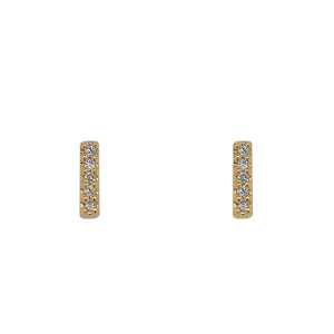 
                  
                    Load image into Gallery viewer, Front view of solid, 14 kt yellow gold, bar shaped stud earrings with 5 round diamonds in each stud. Side view of 14 kt white gold huggies studded with pave diamonds. Displayed on white background.
                  
                
