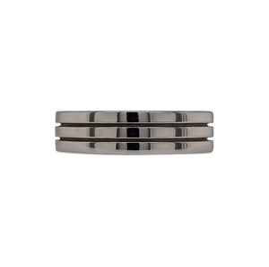 
                  
                    Load image into Gallery viewer, Front view of 5mm wide ring in 14kt white gold cast with 2 thin lines creating 3 squared edge bands of equal widths.
                  
                
