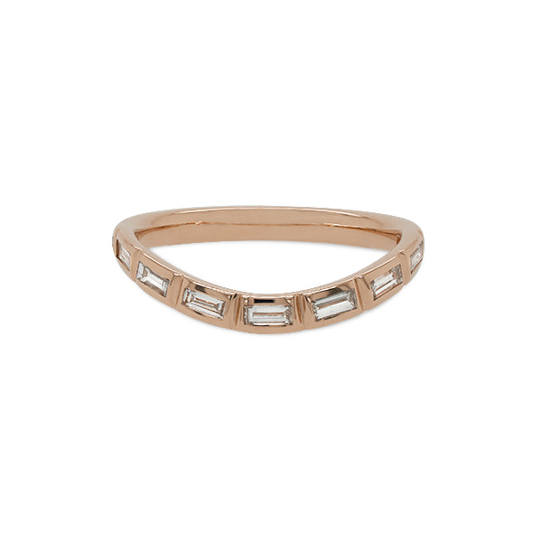 
                  
                    Load image into Gallery viewer, Front view of a shadow band with a slight center dip cast in solid 14 kt rose gold with 9 bezel set diamonds.
                  
                