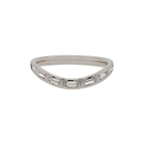 
                  
                    Load image into Gallery viewer, Front view of a shadow band with a slight center dip cast in solid 14 kt white gold with 9 bezel set diamonds.
                  
                