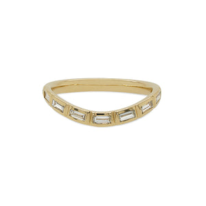 
                  
                    Load image into Gallery viewer, Front view of a shadow band with a slight center dip cast in solid 14 kt yellow gold with 9 bezel set diamonds.
                  
                