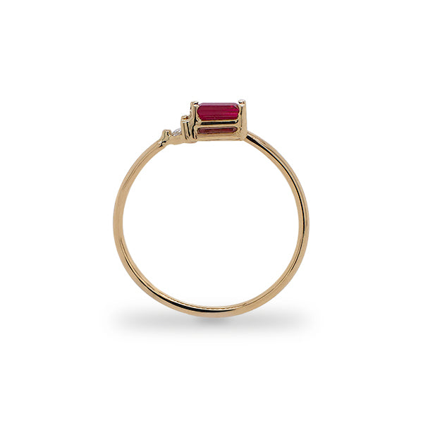 
                  
                    Load image into Gallery viewer, Side view of baguette cut ruby and round diamond ring cast in 14 kt yellow gold. 
                  
                