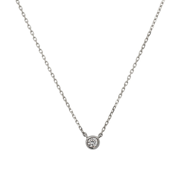Front view of a bezel set diamond solitaire pendant necklace cast in 14 kt white gold.