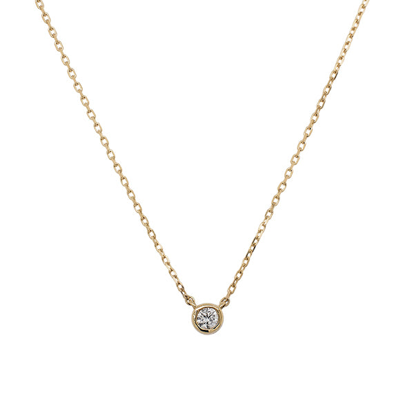 Front view of a bezel set diamond solitaire pendant necklace cast in 14 kt yellow gold.