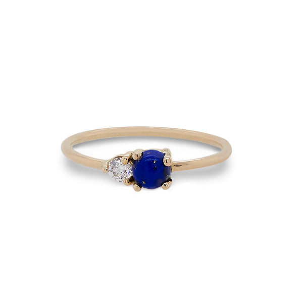 
                  
                    Load image into Gallery viewer, Front view of blue lapis and diamond ring cast in 14 kt yellow gold.
                  
                