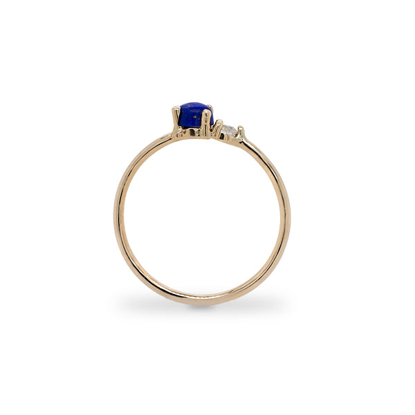 
                  
                    Load image into Gallery viewer, Side view of blue lapis and diamond ring cast in 14 kt yellow gold.
                  
                