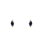 Front view of marquise cut, dark blue sapphire stud earrings set in 14 kt yellow gold two prong settings.