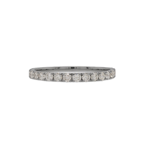 Front view of a classic diamond eternity band with a 1.01 tcw. of round cut diamonds cast in 14 kt white gold.
