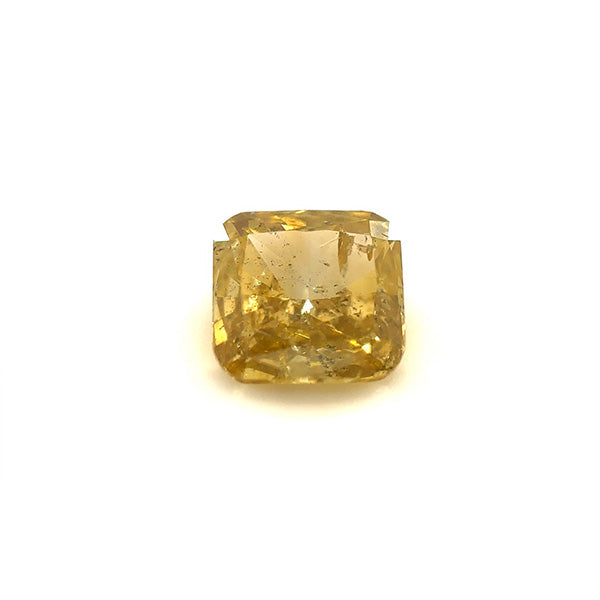 Front view of 0.85ct cushion cut yellow diamond on white background.