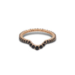 Front view of black diamond and 14kt rose gold shadow band 
