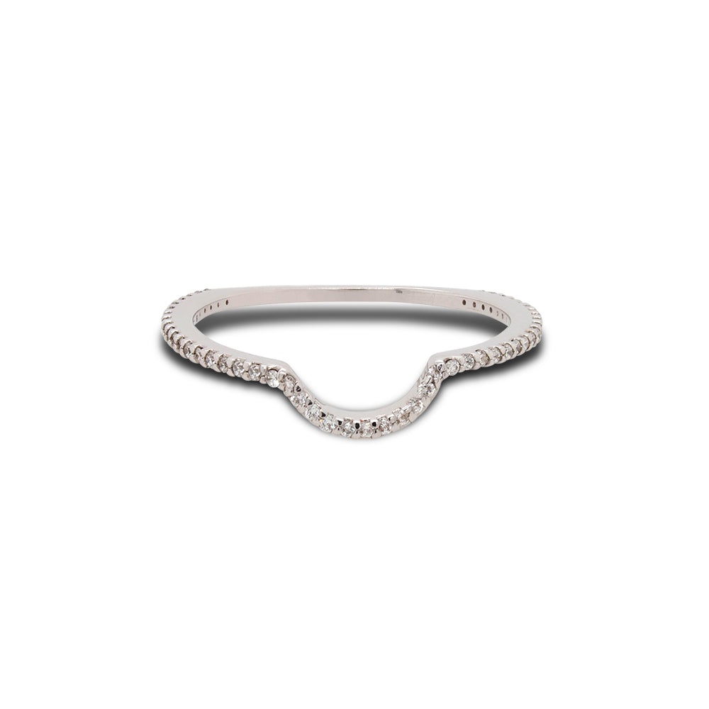 Front view of 3/4 eternity diamond shadow band set in 14 kt white gold.