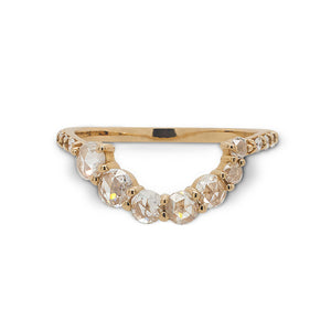 
                  
                    Load image into Gallery viewer, Front view of asymmetrical, rose cut diamond shadow band with 7 rose cut diamonds and 10 round cut diamonds set in 14 kt yellow gold.
                  
                