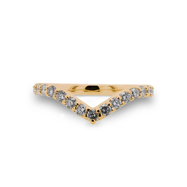 Front view of diamond shadow band with 23 two mm round diamonds set in 14 kt yellow gold.