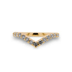 Front view of diamond shadow band with 23 two mm round diamonds set in 14 kt yellow gold.