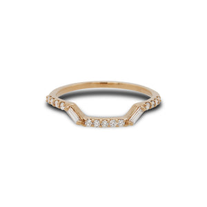 
                  
                    Load image into Gallery viewer, Front view of modern shadow band with 13 round cut diamonds and 2 baguette cut diamonds set in 14 kt yellow gold. 
                  
                