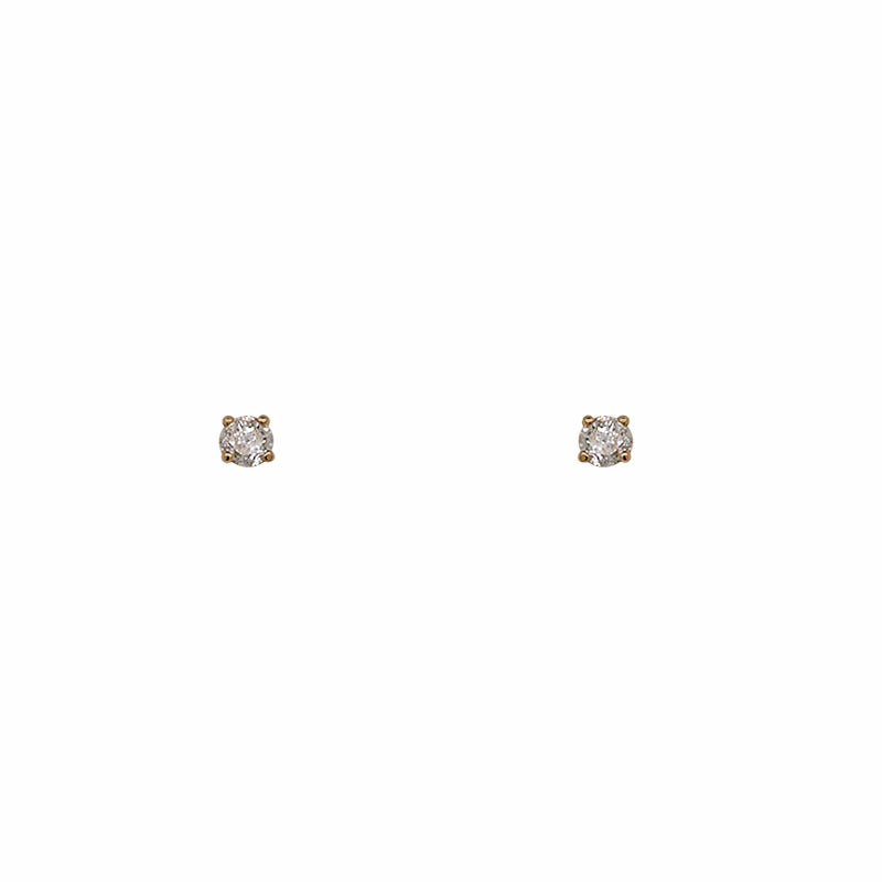 2 mm diamond studs set in 14 kt yellow gold with four prongs. Displayed on a white background.