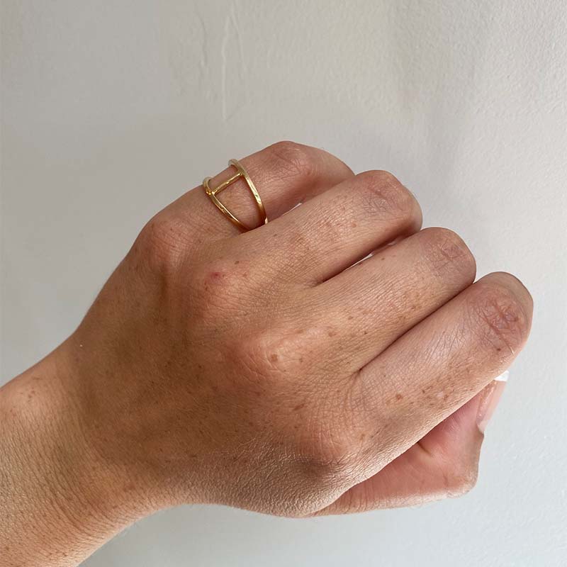 
                  
                    Load image into Gallery viewer, Double band bar ring cast in 14 kt yellow gold on left pinky finger.
                  
                
