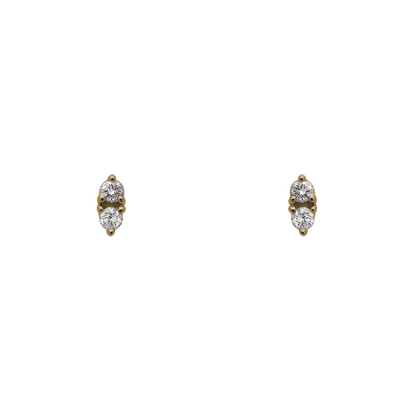 
                  
                    Load image into Gallery viewer, Front view on white background of round diamond stud pair with 2 stones set north/south in 14 kt yellow gold. Total carat weight of diamonds are 0.12.
                  
                