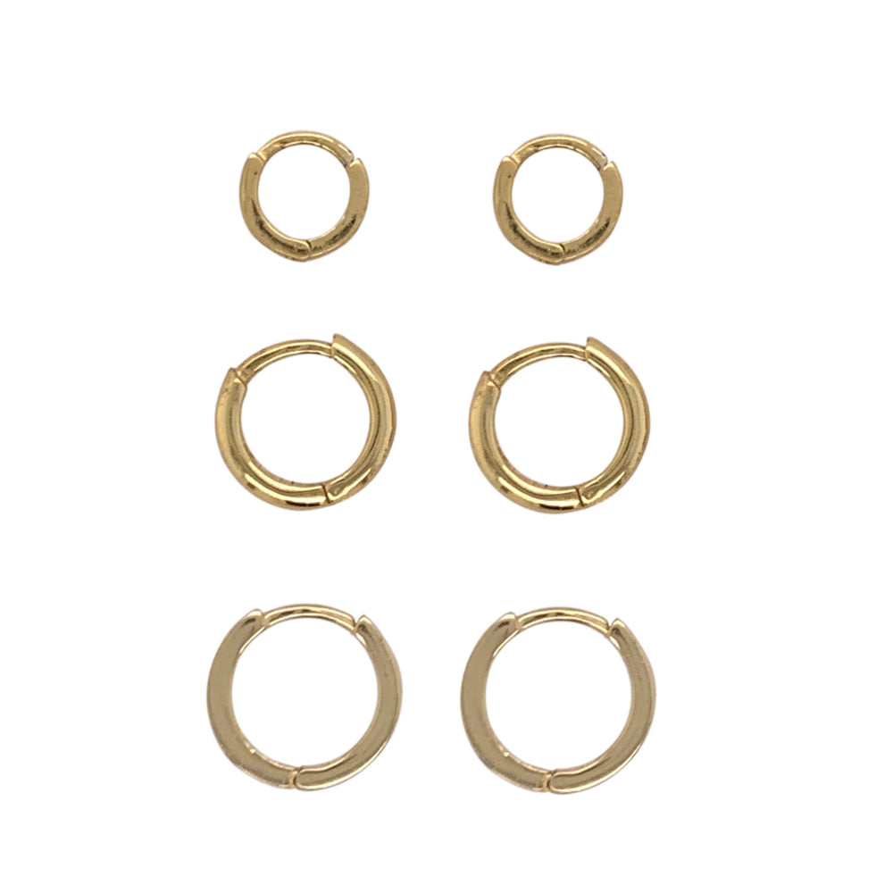 Sterling silver ear hugger hoop earrings with yellow gold plating 8mm, 10mm, and 12mm 