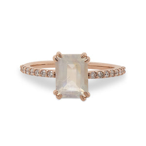 
                  
                    Load image into Gallery viewer, Front view of an emerald cut moonstone and diamond ring cast in 14 kt rose gold by King + Curated.
                  
                