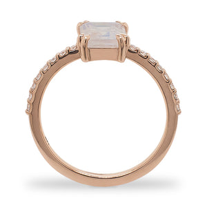 
                  
                    Load image into Gallery viewer, Side view of an emerald cut moonstone and diamond ring cast in 14 kt rose gold by King + Curated.
                  
                