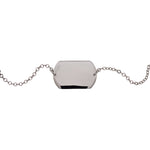 Front view of plain sterling silver dog tag with bracelet chain connected at each end. Dog tag measures 13mm x 9mm