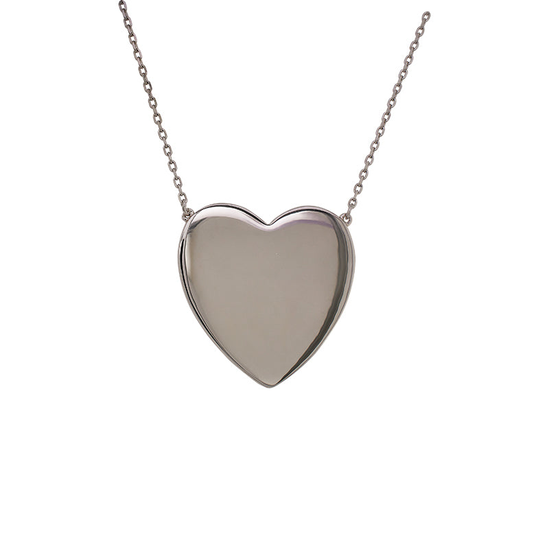 Front view of plain heart pendant stationary set on fine chain. Heart measures 24mm x 24mm.