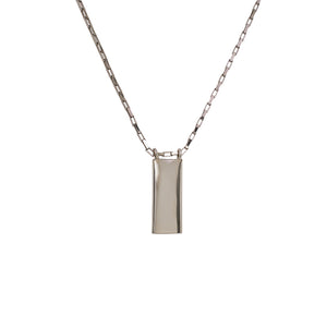 
                  
                    Load image into Gallery viewer, Front view of NS plain sterling silver rectangle pendant suspended from an elongated box chain.
                  
                