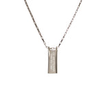 Front view of NS sterling silver rectangle pendant suspended from an elongated box chain with an engraving that says "YOU ARE STRONGER THAN YOU THINK.".