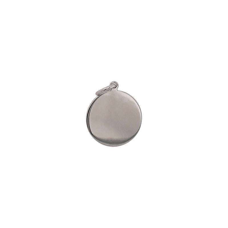 Front view of plain sterling silver flat round pendant with jump ring. Large measures 18mm.