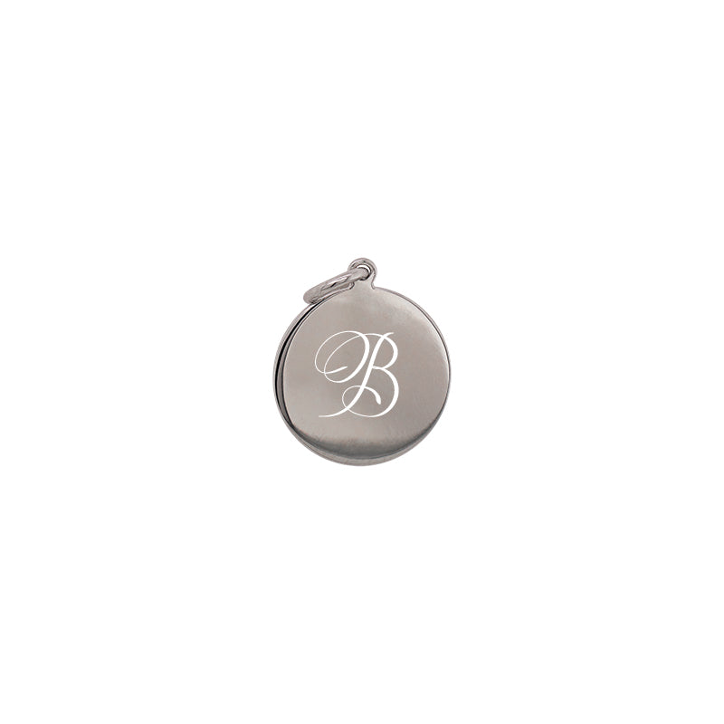 Front view of a sterling silver flat round pendant with jump ring engraved with the letter "B" in script. Large measures 18mm.