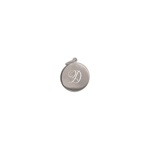 
                  
                    Load image into Gallery viewer, Front view of a sterling silver flat round pendant with jump ring engraved with the letter &amp;quot;D&amp;quot; in script. Small measures 15mm.
                  
                