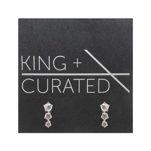 
                  
                    Load image into Gallery viewer, A pair of vertically stacked, triple crystal studs set in 925 sterling silver settings on King and Curated packaging.
                  
                