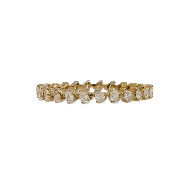 Front view of an eternity band with a 0.67 tcw of pear cut diamonds cast in 14 kt yellow gold.