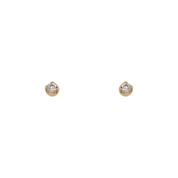 front view of diamond stud earrings with TCW of 0.14. Cast in 14kt yellow gold with 4 prongs on a slightly wider base.