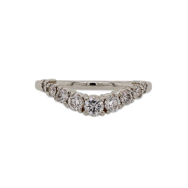 Front view of shadow band with 9 diamonds set in 14 kt white gold.