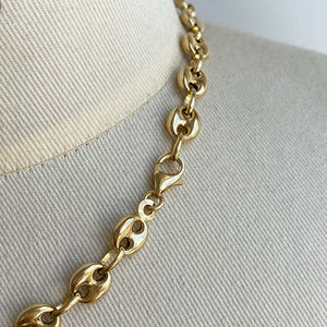 
                  
                    Load image into Gallery viewer, Close up view of larger mariner link necklace clasp, cast in 14kt yellow gold.
                  
                