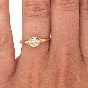 
                  
                    Load image into Gallery viewer, Bezel set, marquise cut diamond ring set in 14 kt yellow gold on left ring finger.
                  
                